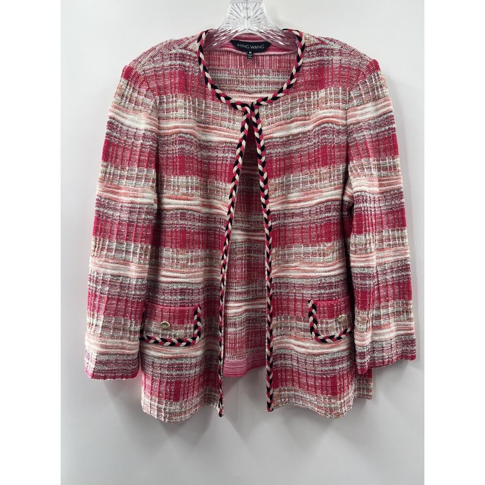 Ming Wang Women's Pink Multicolor Open Front Braid Trim Knit Blazer Jacket M